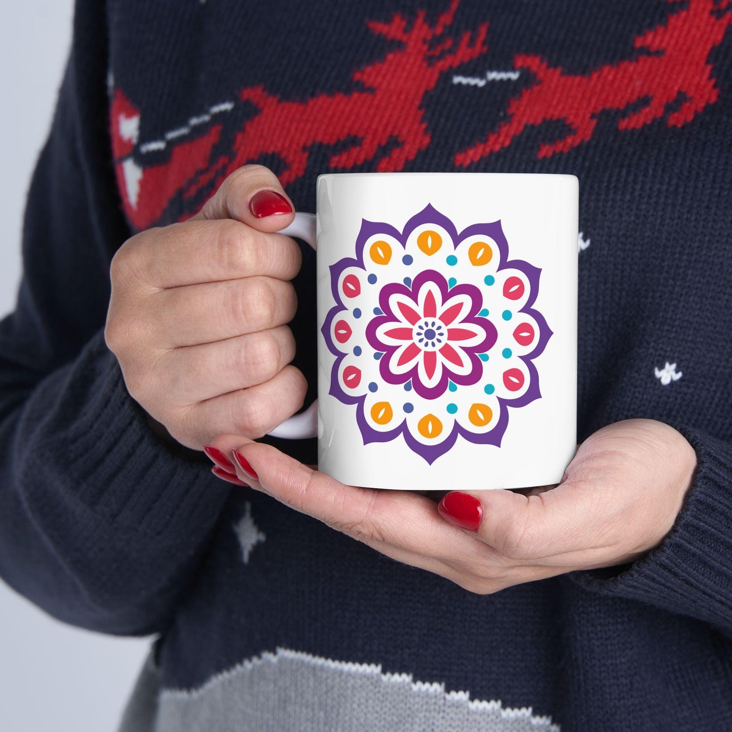 Radiant Bloom Mandala Ceramic Mug | 15oz Colorful Floral Art Coffee Cup