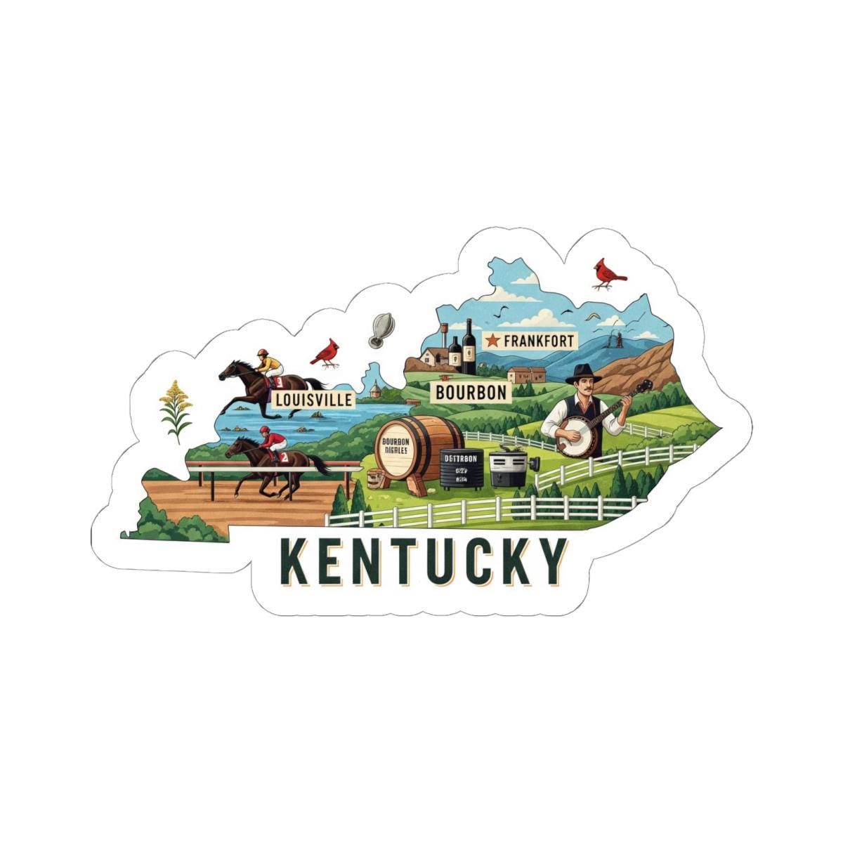Kentucky State Vinyl Sticker | Horse Racing, Bourbon Art Decal (Waterproof)