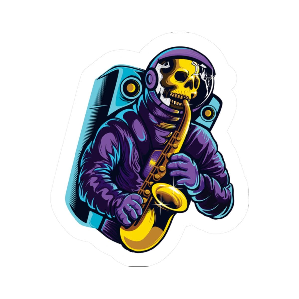 Astronaut Skull Saxophonist Sticker | Cosmic Jazz Music Decal (Vinyl)