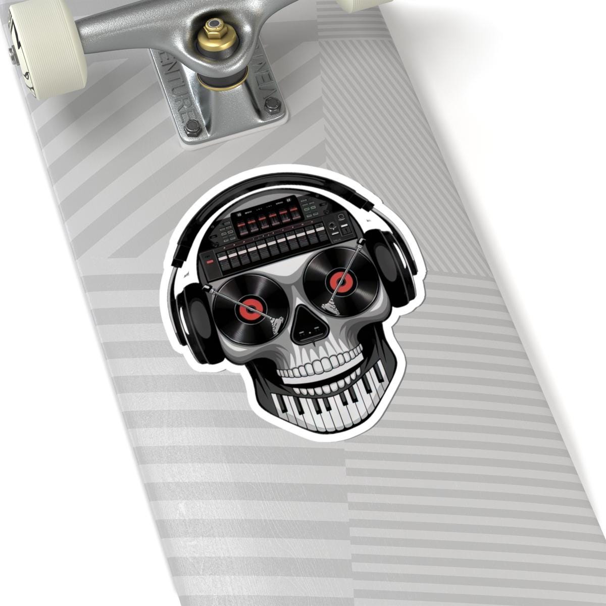 DJ Skull Sticker | Turntable Eyes, Piano Teeth, Headphones (Waterproof Vinyl)