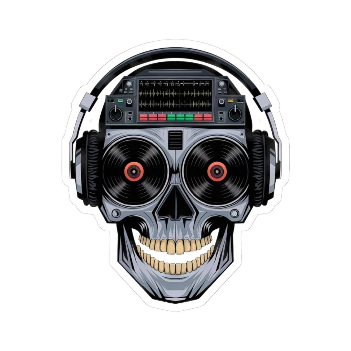 DJ Skull Sticker | Vinyl Records, Headphones, Mixer Art (Kiss Cut Decal)