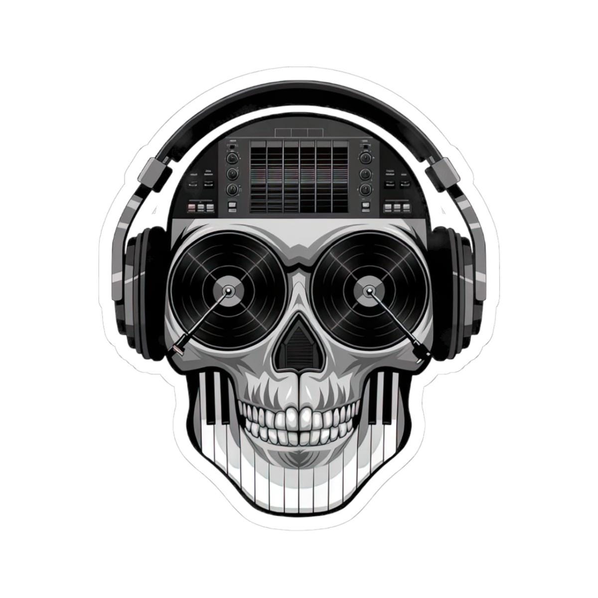 DJ Skull Sticker | Grayscale Vinyl Decal with Headphones, Records, Piano Keys