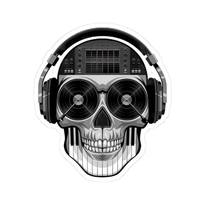 DJ Skull Sticker | Grayscale Vinyl Decal with Headphones, Records, Piano Keys