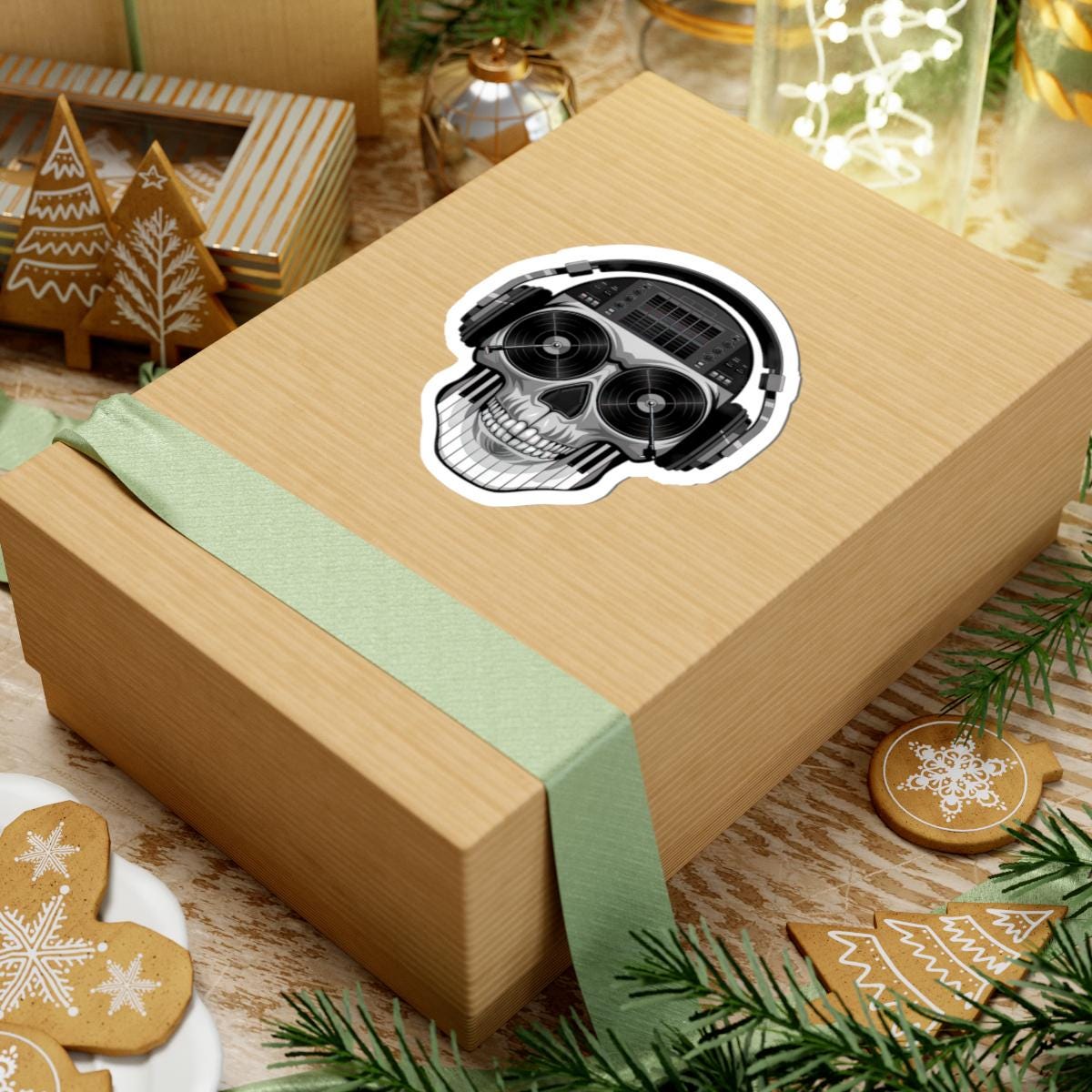DJ Skull Sticker | Grayscale Vinyl Decal with Headphones, Records, Piano Keys