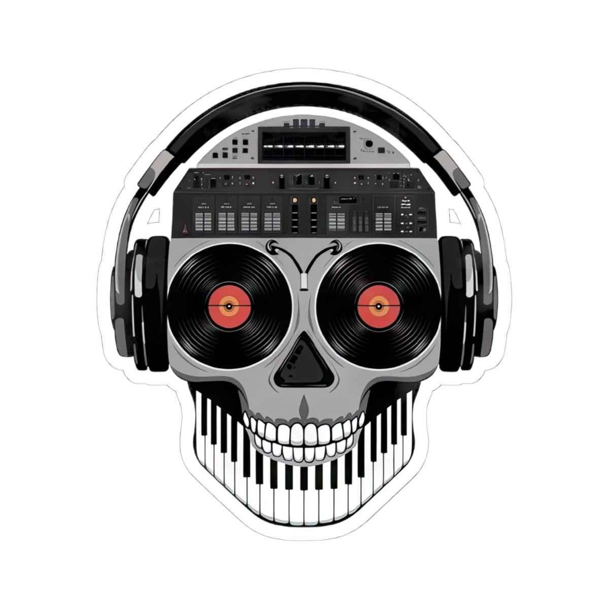 DJ Skull Sticker | Vinyl Eyes, Headphones, Piano Teeth (Kiss Cut Decal)