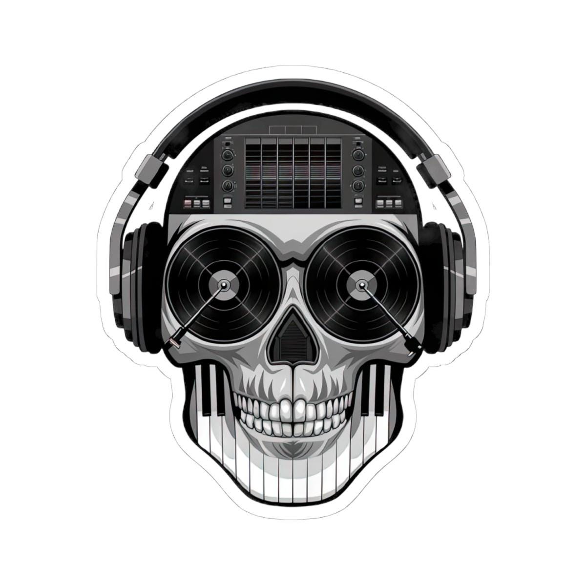 DJ Skull Sticker | Grayscale Vinyl Decal with Headphones, Records, Piano Keys