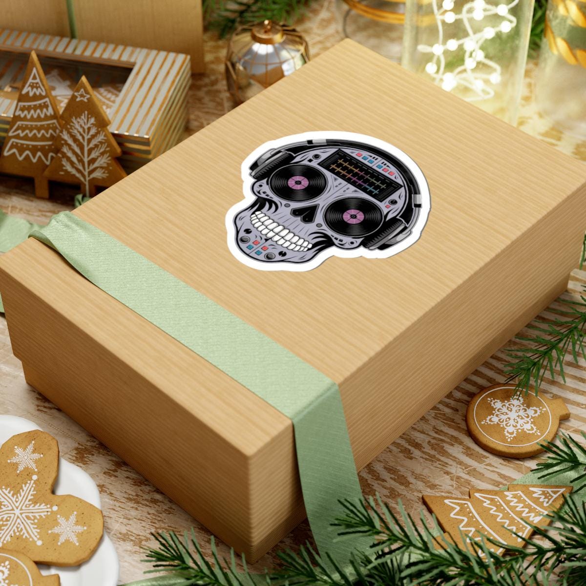 DJ Skull Sticker | Headphones, Turntable, Vinyl Record Art (Glossy)