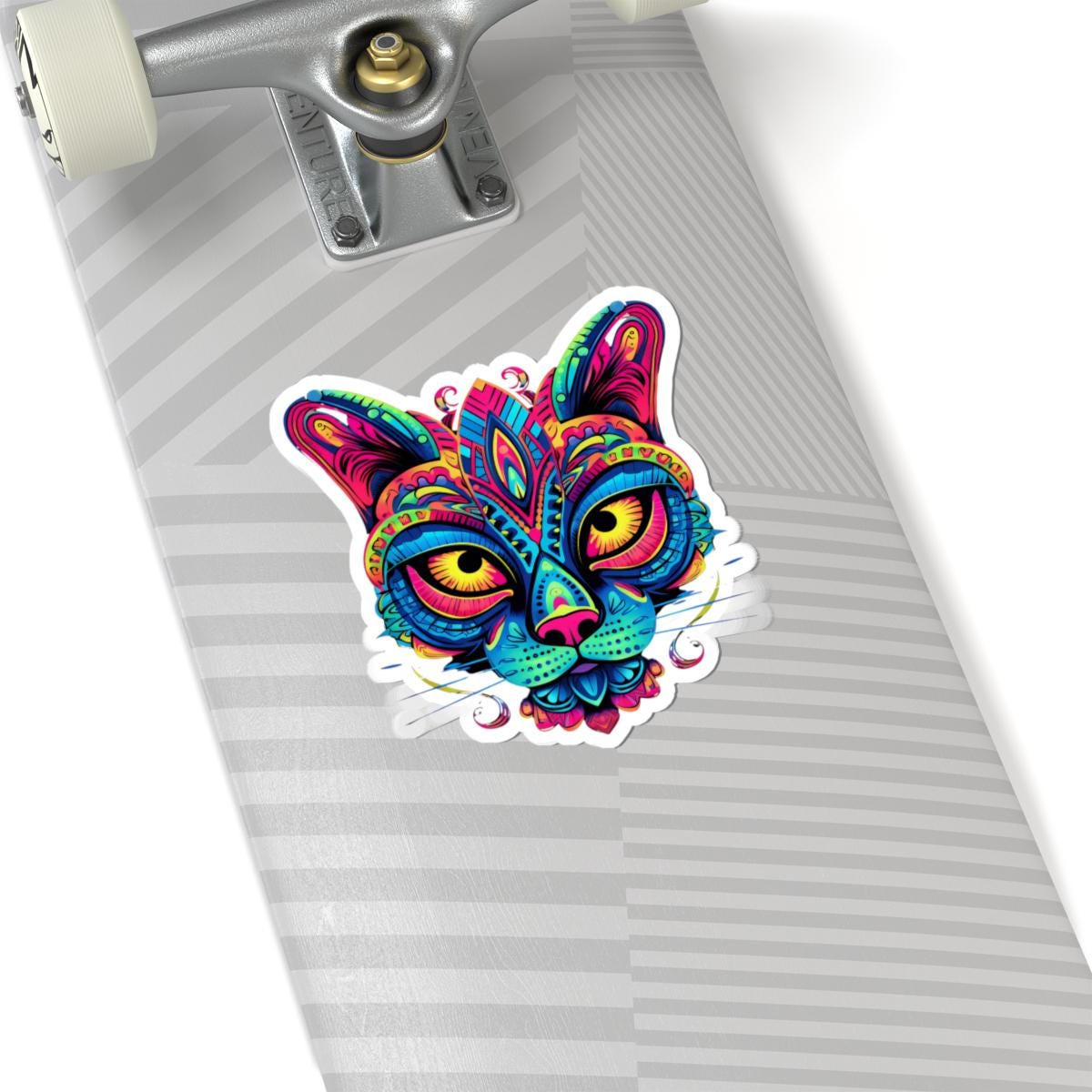 Psychedelic Cat Sticker | Rainbow Mandala Art, Trippy Neon Feline Vinyl Decor