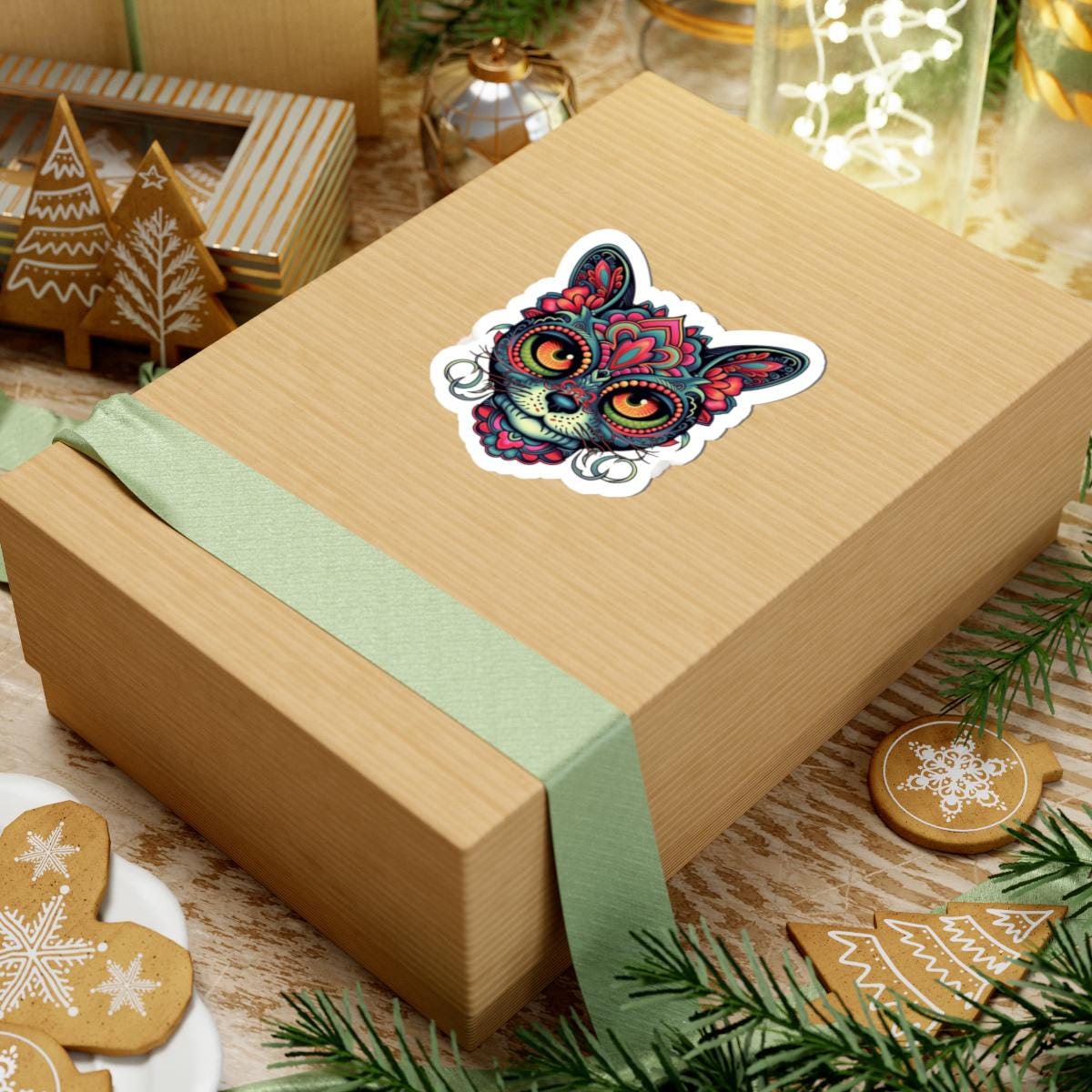 Psychedelic Cat Sticker | Mandala Floral Feline Art Vinyl Decal (Waterproof)