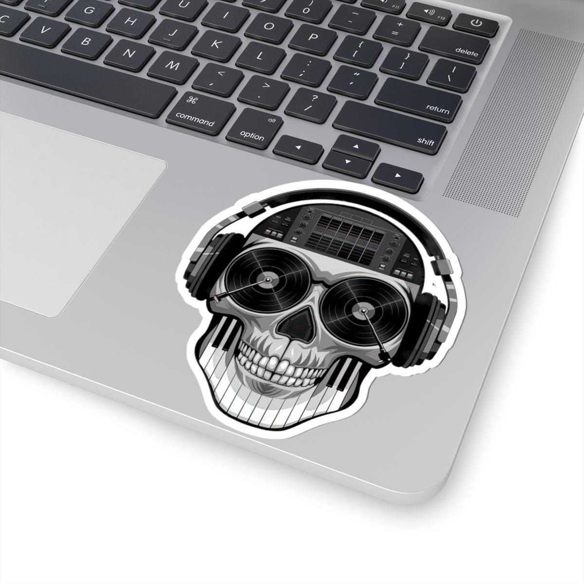 DJ Skull Sticker | Grayscale Vinyl Decal with Headphones, Records, Piano Keys
