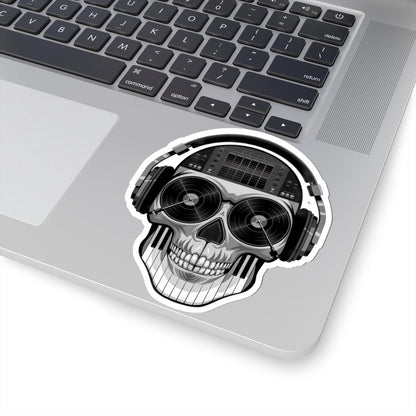 DJ Skull Sticker | Grayscale Vinyl Decal with Headphones, Records, Piano Keys