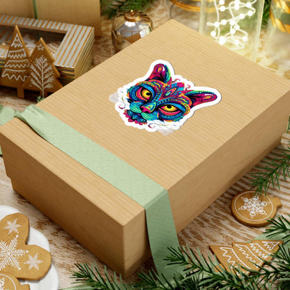 Psychedelic Cat Sticker | Rainbow Mandala Art, Trippy Neon Feline Vinyl Decor