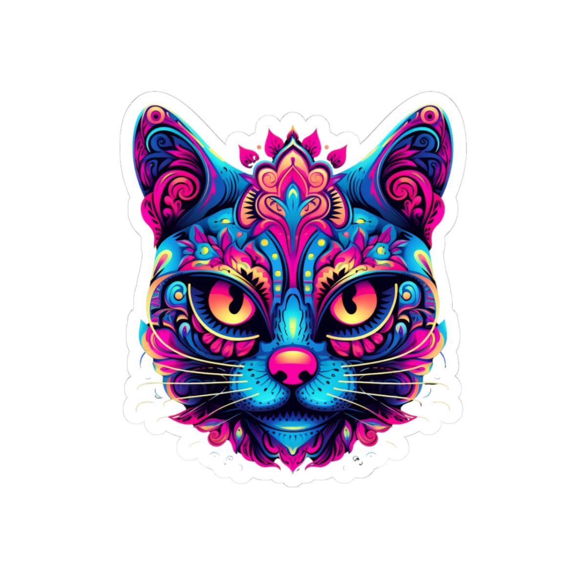 Psychedelic Cat Sticker | Neon Trippy Feline Vinyl Decal, Boho Rainbow Art (Waterproof)