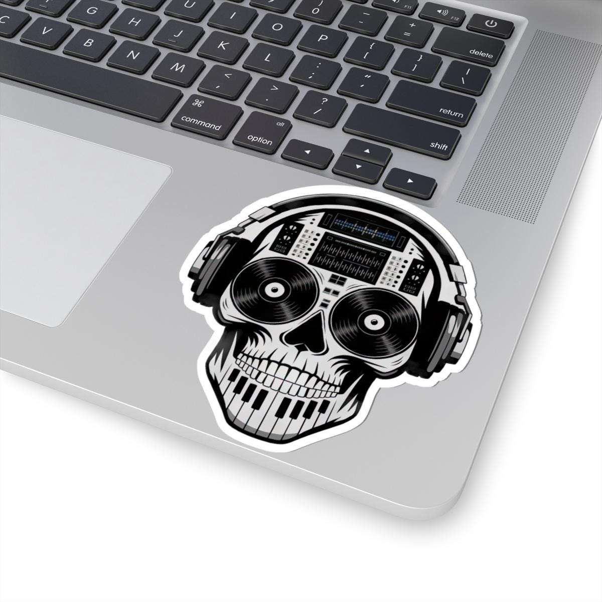 DJ Skull Sticker | Waterproof Vinyl Decal with Headphones, Turntable, Piano Keyboard
