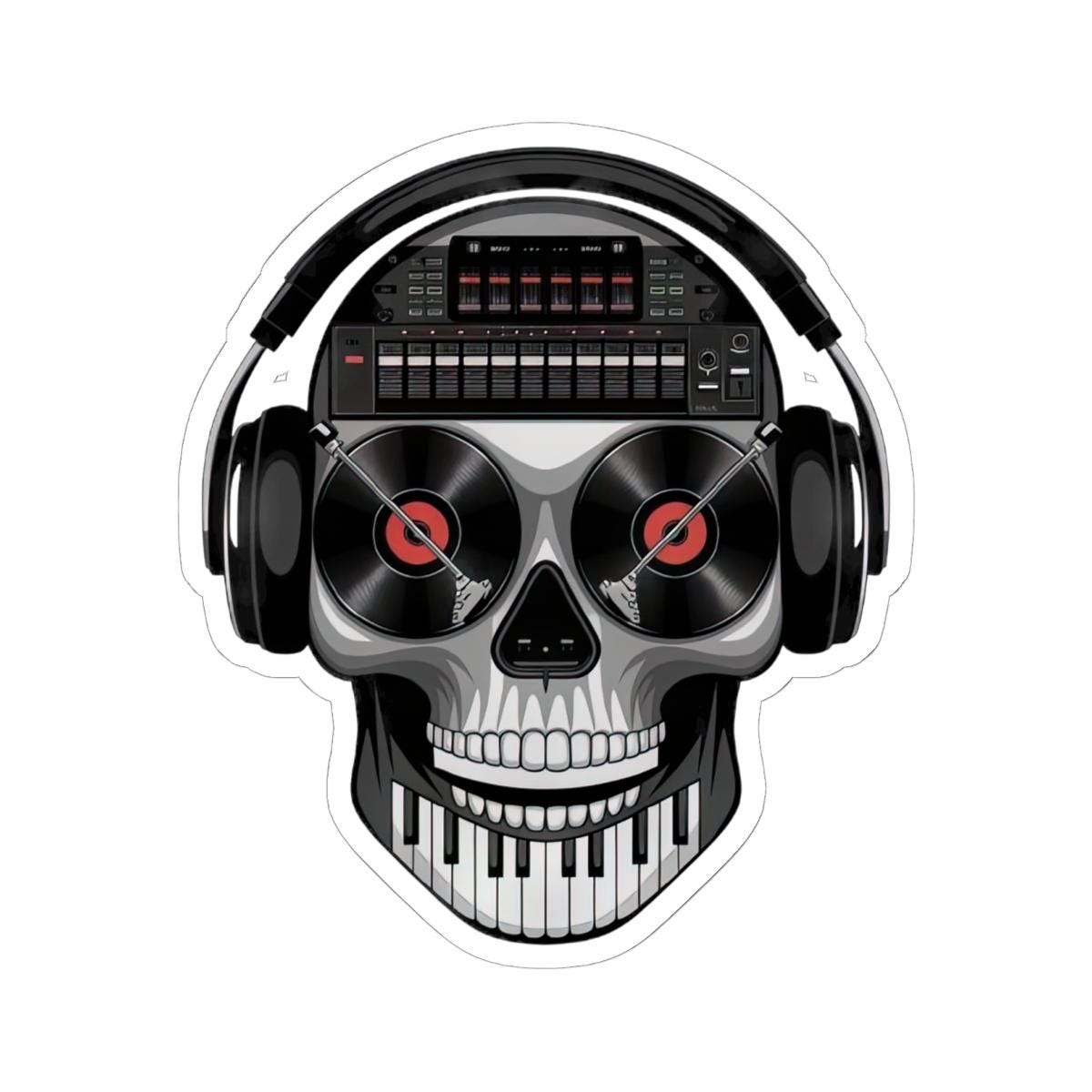 DJ Skull Sticker | Turntable Eyes, Piano Teeth, Headphones (Waterproof Vinyl)