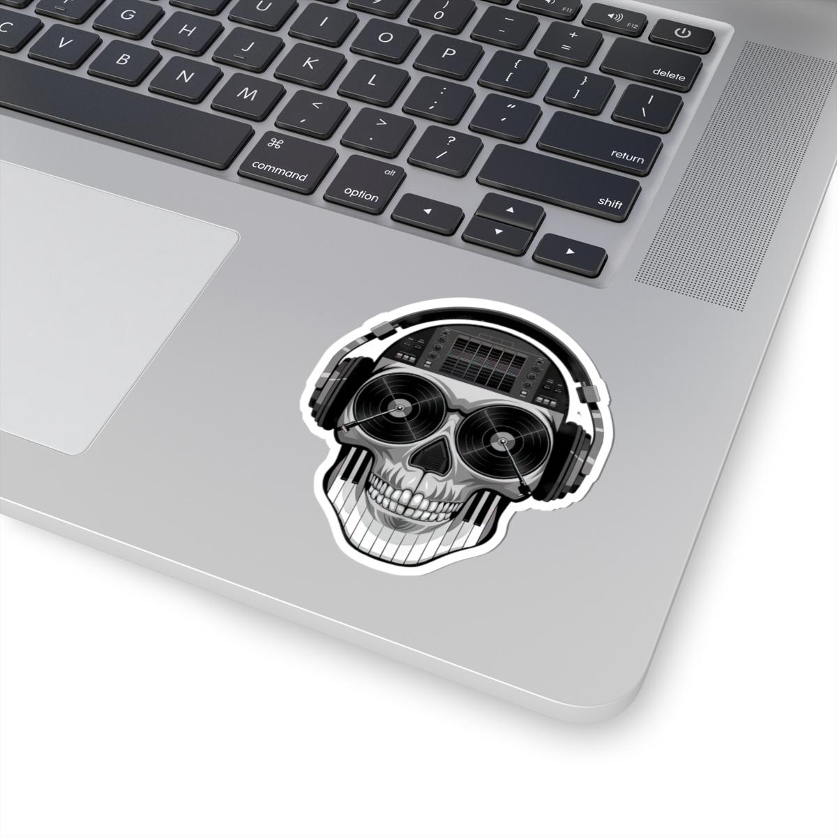 DJ Skull Sticker | Grayscale Vinyl Decal with Headphones, Records, Piano Keys