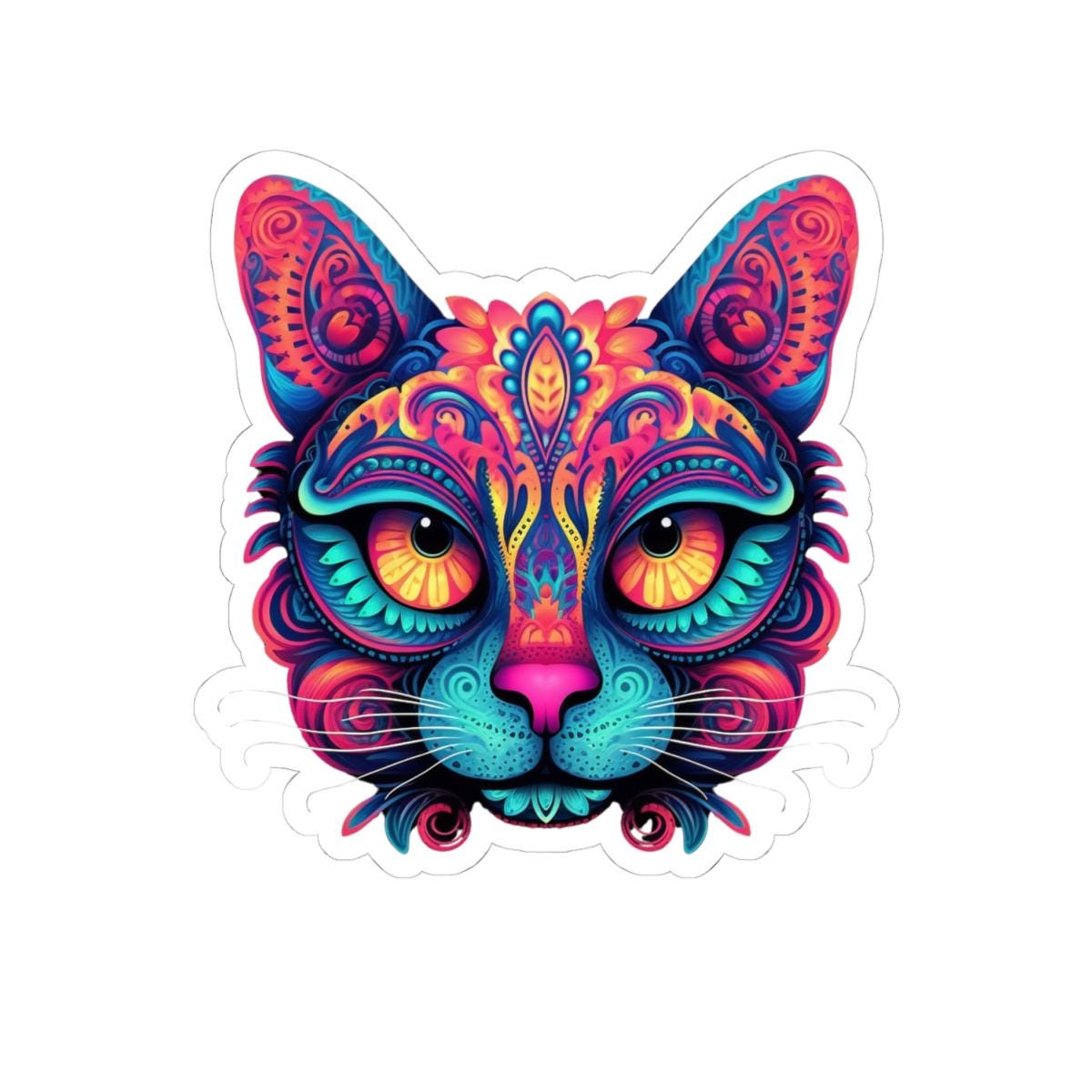 Trippy Cat Sticker | Psychedelic Neon Floral Vinyl Decal (Laptop Art)