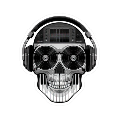 DJ Skull Sticker | Grayscale Vinyl Decal with Headphones, Records, Piano Keys
