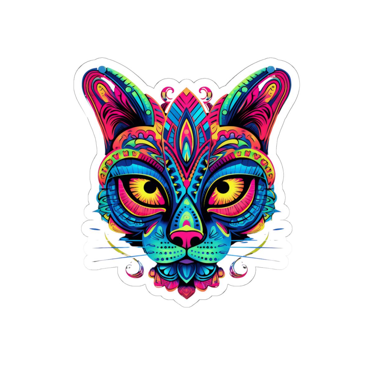 Psychedelic Cat Sticker | Rainbow Mandala Art, Trippy Neon Feline Vinyl Decor