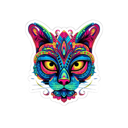 Psychedelic Cat Sticker | Rainbow Mandala Art, Trippy Neon Feline Vinyl Decor