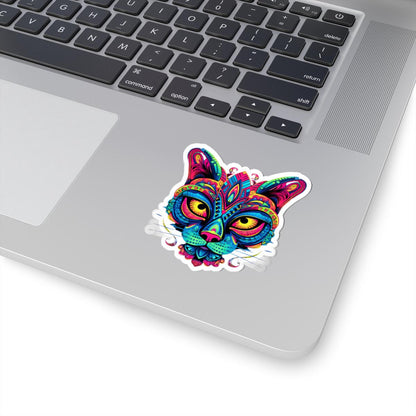 Psychedelic Cat Sticker | Rainbow Mandala Art, Trippy Neon Feline Vinyl Decor