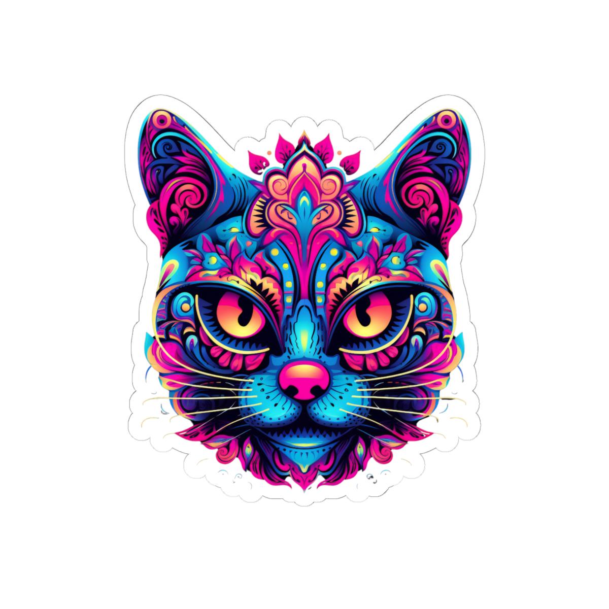 Psychedelic Cat Sticker | Neon Trippy Feline Vinyl Decal, Boho Rainbow Art (Waterproof)