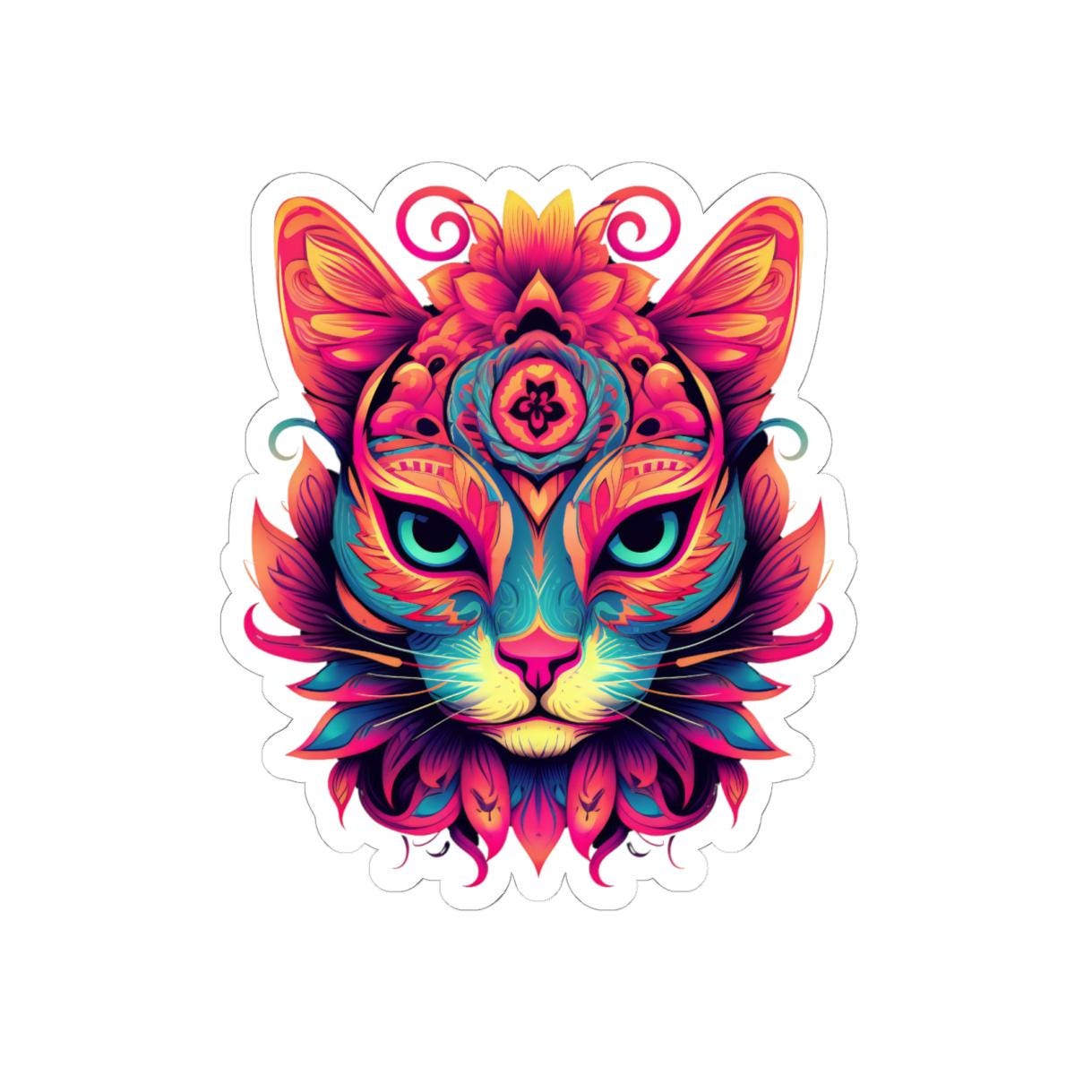 Psychedelic Cat Sticker | Vibrant Floral Trippy Vinyl Decal (Waterproof)