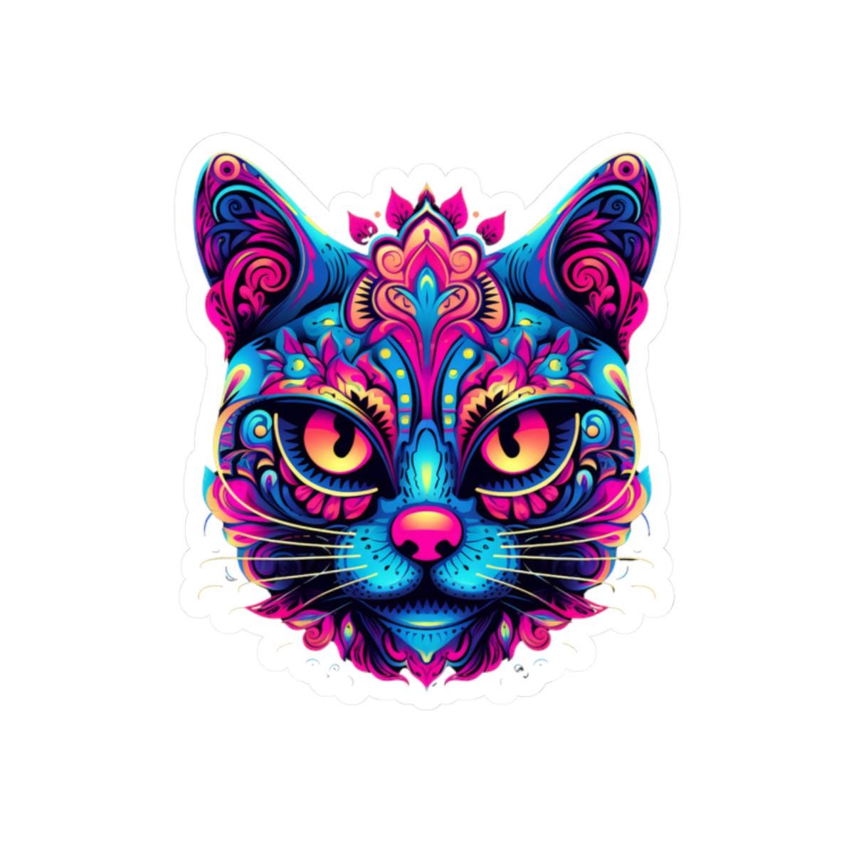 Psychedelic Cat Sticker | Neon Trippy Feline Vinyl Decal, Boho Rainbow Art (Waterproof)