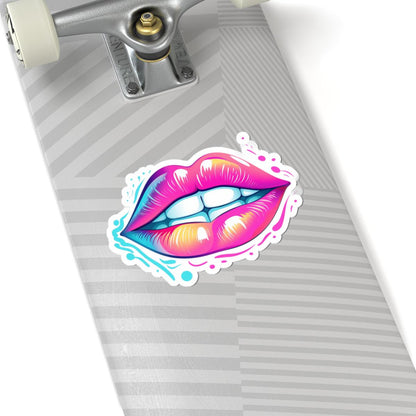 Biting Lips Sticker | Neon Rainbow Pop Art Decal, Waterproof Vinyl Mouth Sticker