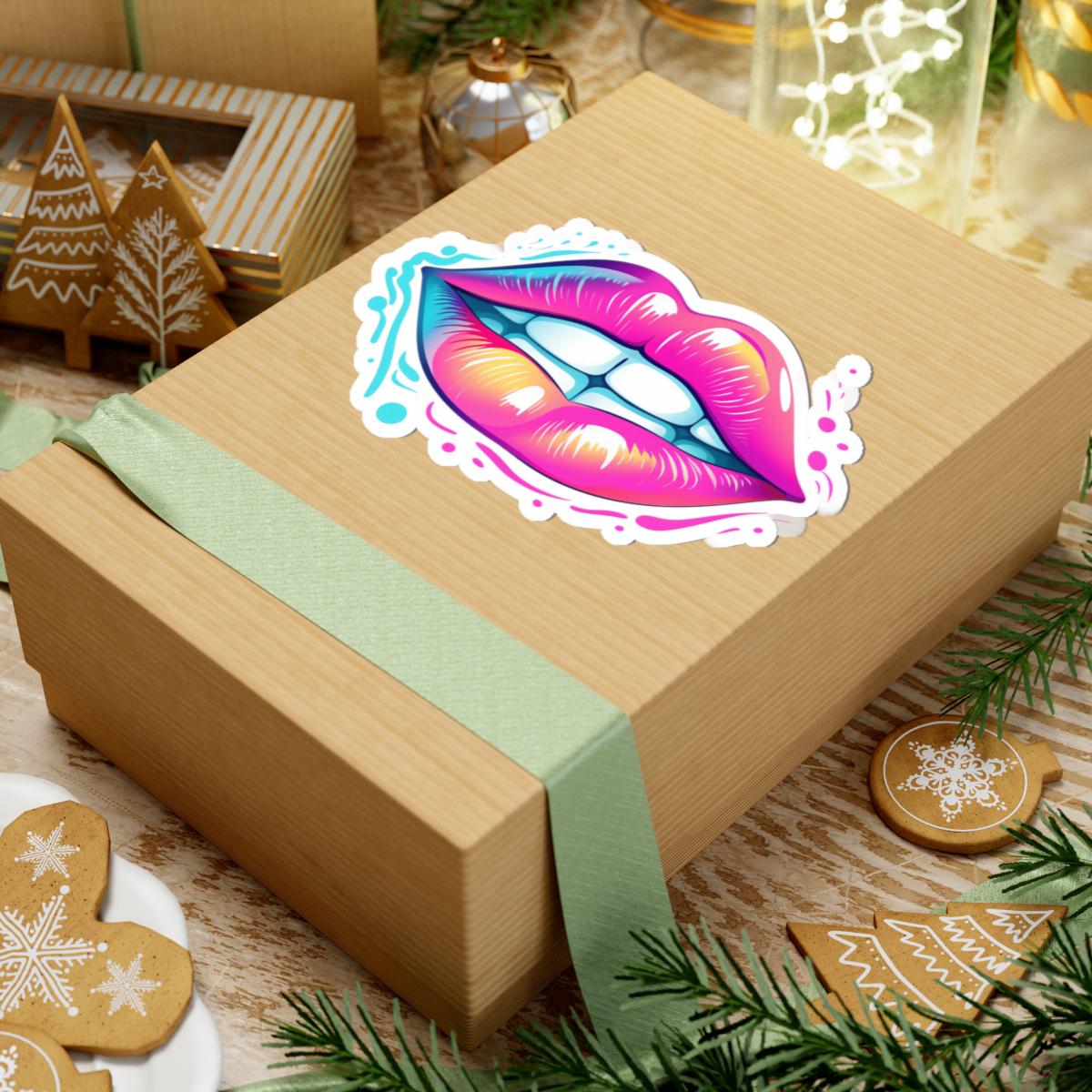 Biting Lips Sticker | Neon Rainbow Pop Art Decal, Waterproof Vinyl Mouth Sticker