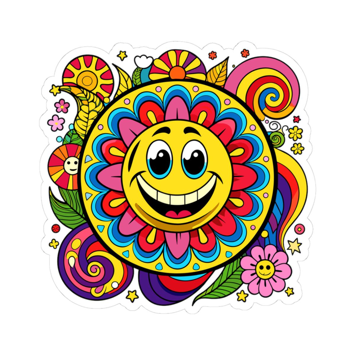 Groovy Sunflower Emoji Sticker | Retro Smiley Face Vinyl Decal, Laptop, Water Bottle Decor
