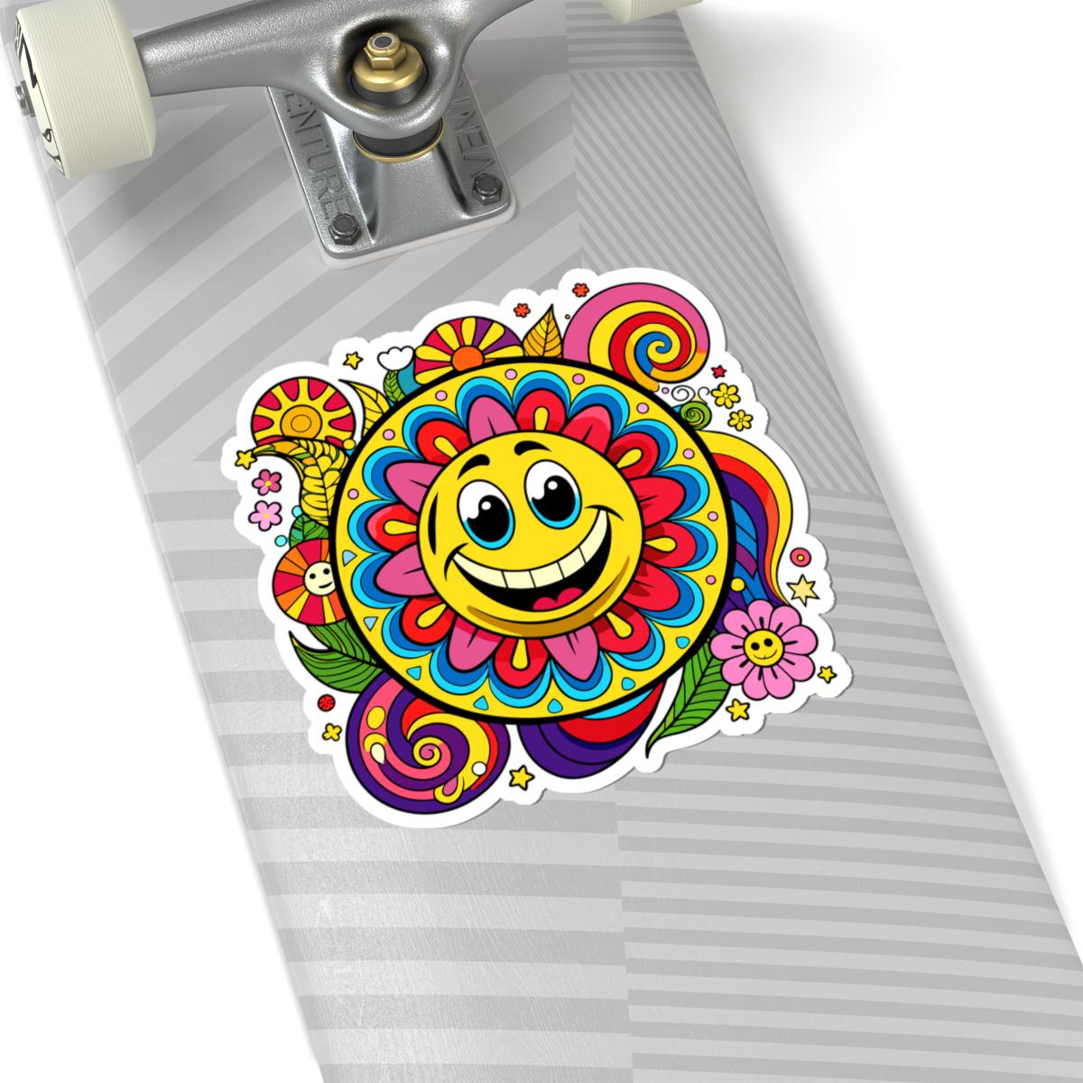 Groovy Sunflower Emoji Sticker | Retro Smiley Face Vinyl Decal, Laptop, Water Bottle Decor