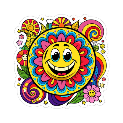 Groovy Sunflower Emoji Sticker | Retro Smiley Face Vinyl Decal, Laptop, Water Bottle Decor