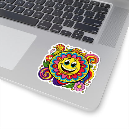 Groovy Sunflower Emoji Sticker | Retro Smiley Face Vinyl Decal, Laptop, Water Bottle Decor