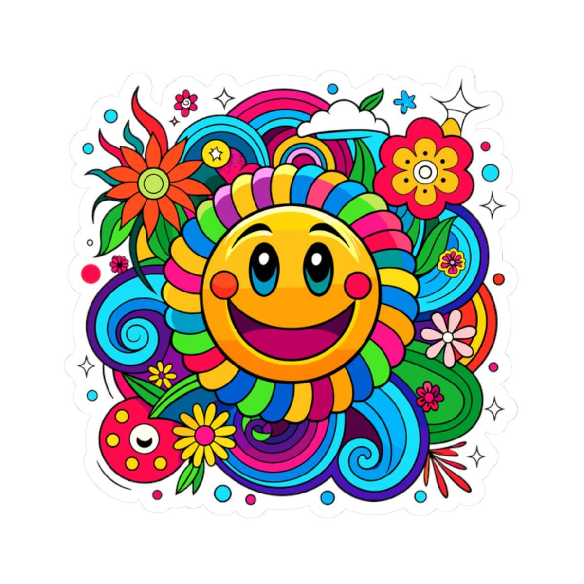 Rainbow Spiral Smiley Face Sticker | Groovy Retro Vinyl Decal (Waterproof)