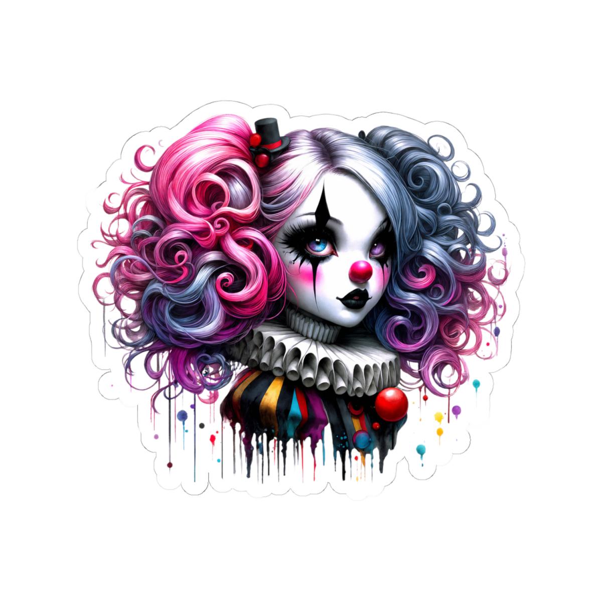 ColorFlow | Gothic Circus Doll Sticker | Pink Blue Curly Hair Clowncore Art | Alt Kawaii Jester Aesthetic Decal