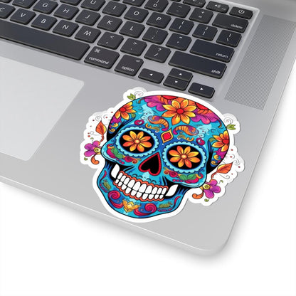 Vibrant Sugar Skull Sticker | Orange Flowers, Calavera Vinyl Art (Waterproof)