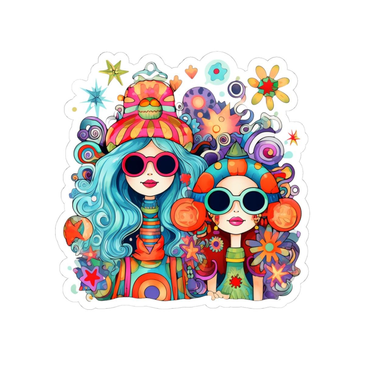 Groovy Hippie Girls Sticker | Colorful Retro Vinyl Decal (Waterproof)