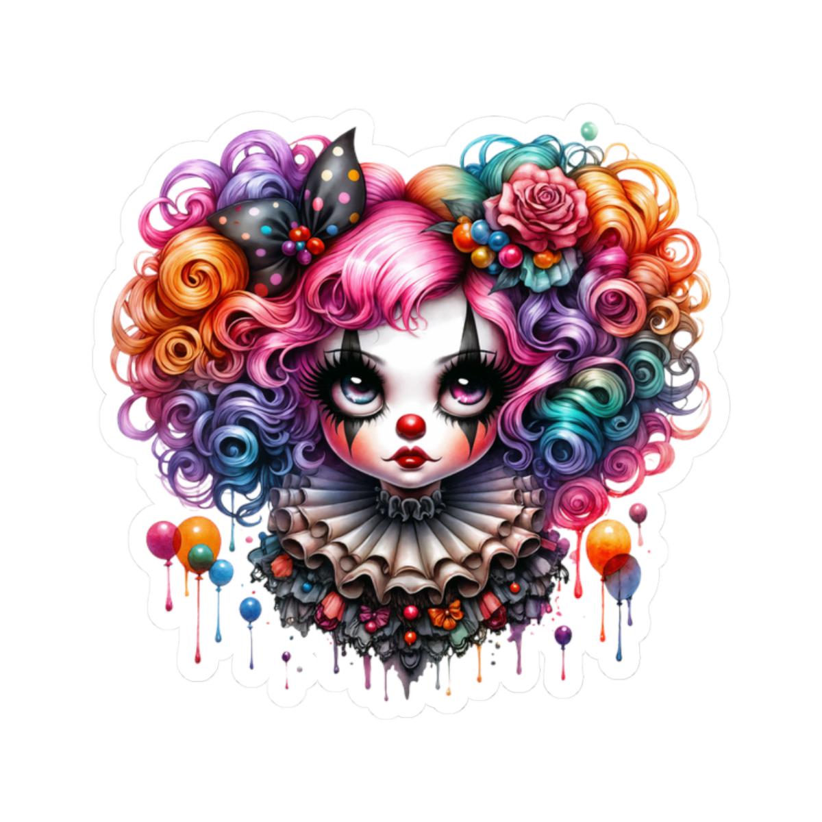 Rainbow Clowncore Girl Sticker | Pastel Circus Vinyl Decal, Waterproof Art