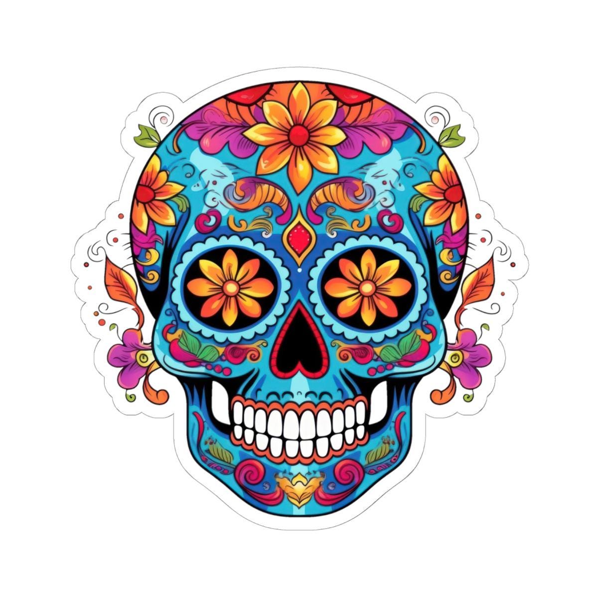 Vibrant Sugar Skull Sticker | Orange Flowers, Calavera Vinyl Art (Waterproof)