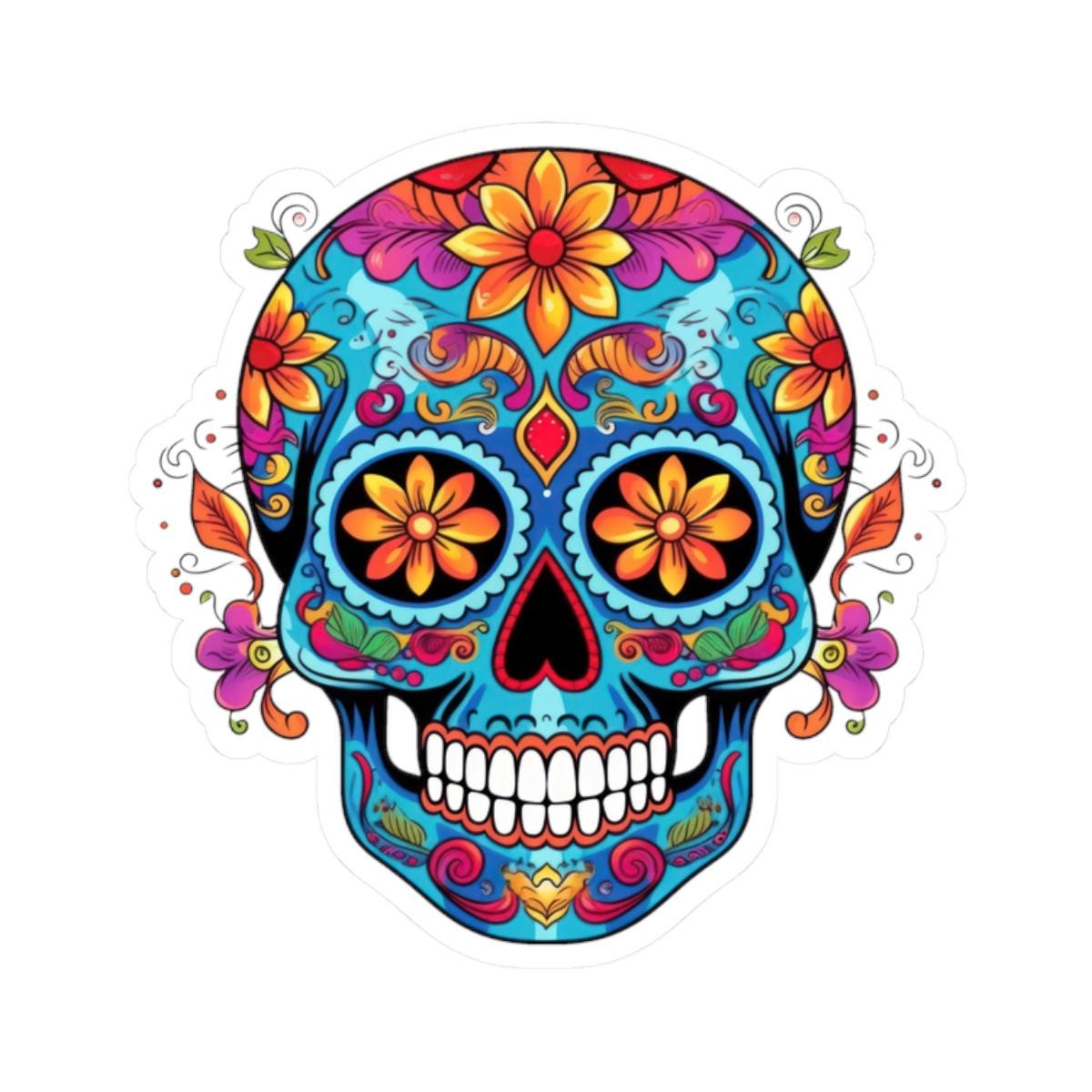 Vibrant Sugar Skull Sticker | Orange Flowers, Calavera Vinyl Art (Waterproof)