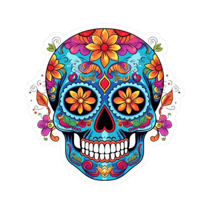 Vibrant Sugar Skull Sticker | Orange Flowers, Calavera Vinyl Art (Waterproof)