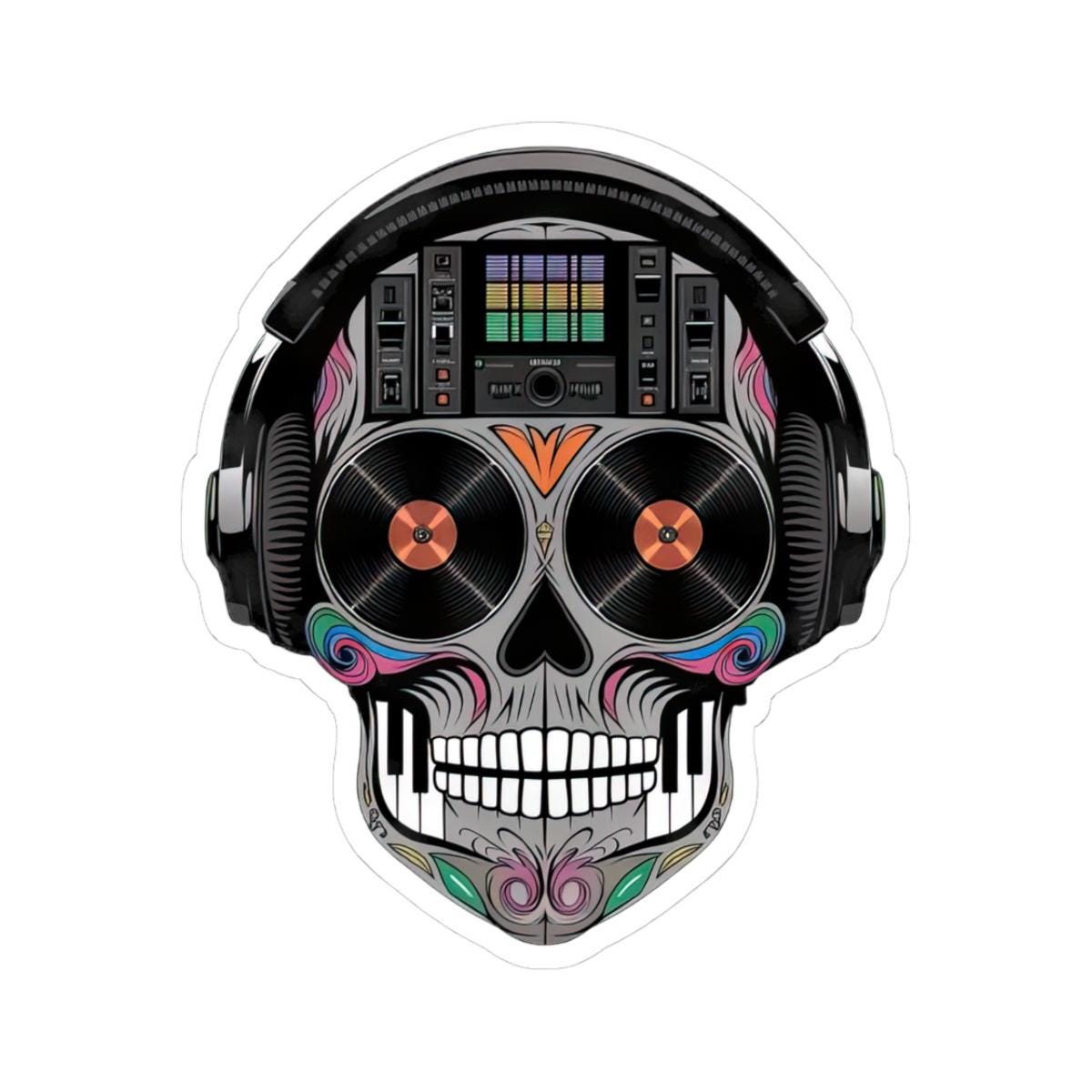 Sugar Skull DJ Sticker | Colorful Turntables, Mixer, Vinyl Music Decal (Waterproof)