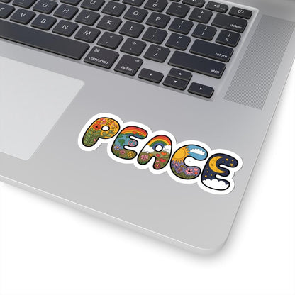 ColorFlow | Peace Word Art Sticker Groovy Hippie Retro Vinyl Decal with Rainbows Flowers Moon Earth Waterproof Glossy Kiss Cut Sticker