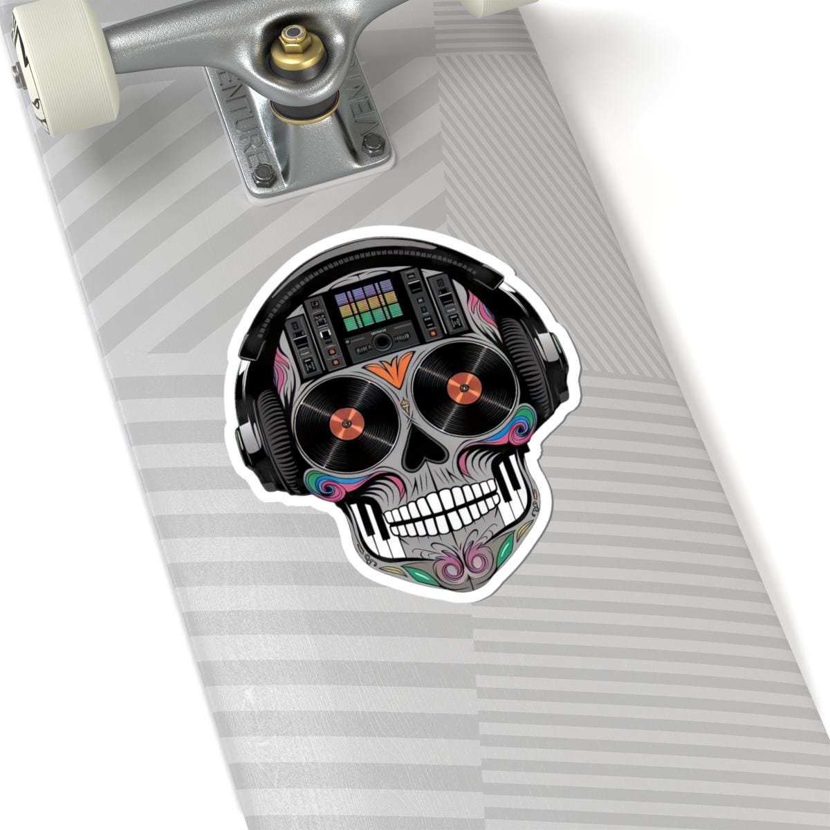 Sugar Skull DJ Sticker | Colorful Turntables, Mixer, Vinyl Music Decal (Waterproof)