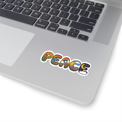 ColorFlow | Peace Word Art Sticker Groovy Hippie Retro Vinyl Decal with Rainbows Flowers Moon Earth Waterproof Glossy Kiss Cut Sticker