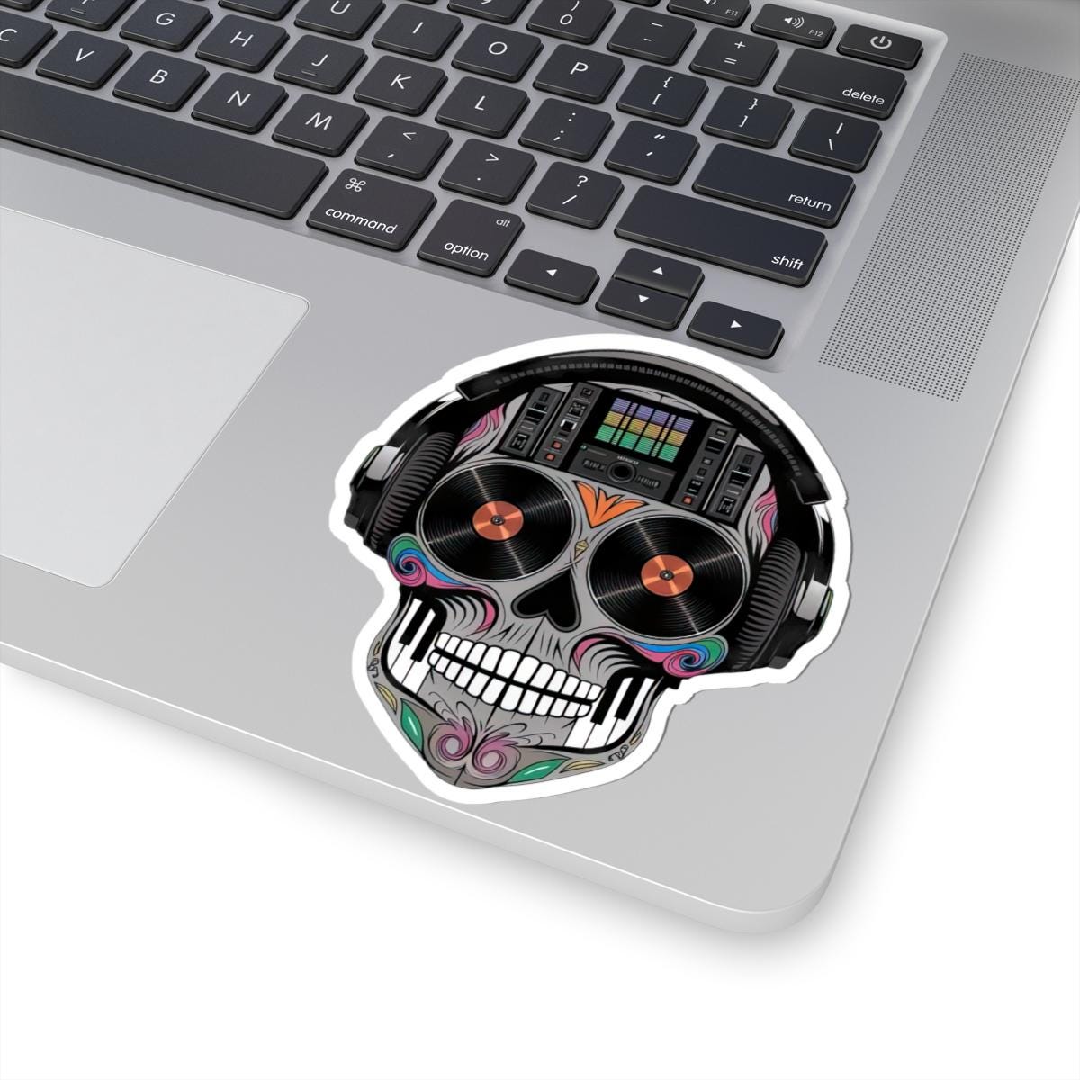 Sugar Skull DJ Sticker | Colorful Turntables, Mixer, Vinyl Music Decal (Waterproof)