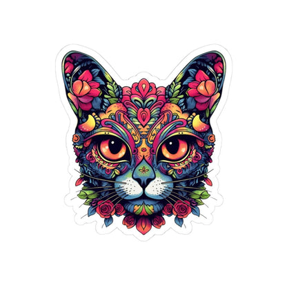 ColorFlow | Psychedelic Floral Cat Sticker with Roses and Orange Eyes | Boho Trippy Vinyl Decal for Laptop Water Bottle Journaling