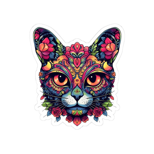ColorFlow | Psychedelic Floral Cat Sticker with Roses and Orange Eyes | Boho Trippy Vinyl Decal for Laptop Water Bottle Journaling