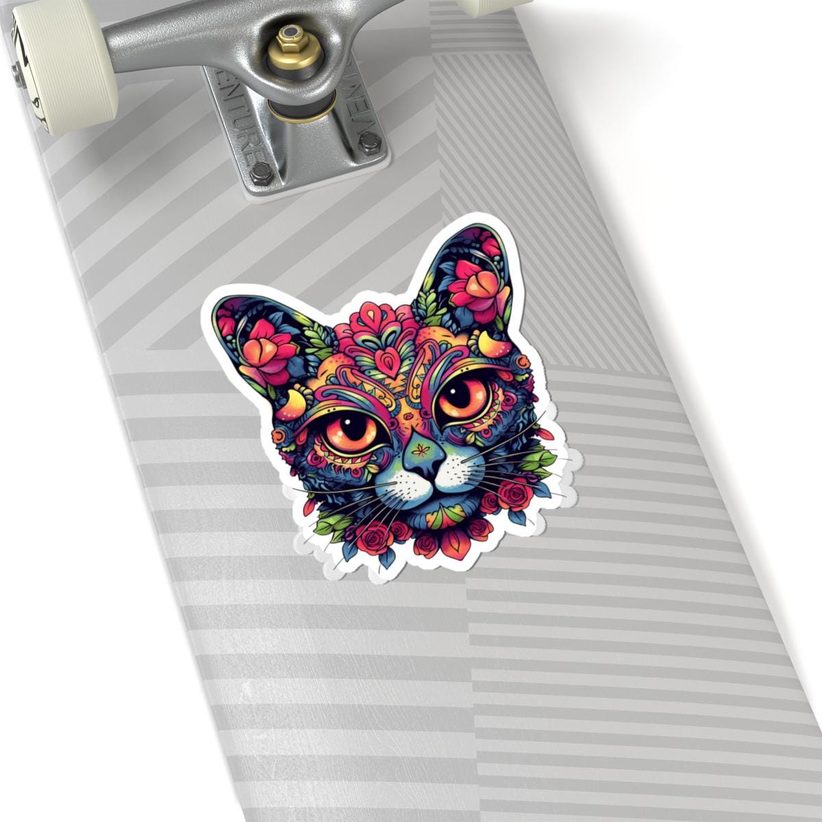 ColorFlow | Psychedelic Floral Cat Sticker with Roses and Orange Eyes | Boho Trippy Vinyl Decal for Laptop Water Bottle Journaling